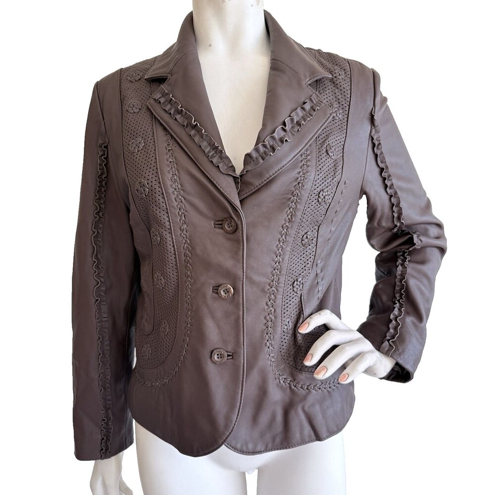 CHICO'S Brown Genuine 100% Leather Jacket Detailed Woven Design Size 1 (M)
